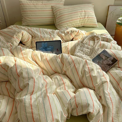 EAVD Vintage Colorful Striped Comforter Set Twin XL Soft Cotton 3-Piece Retro Vertical Striped Bedding Set with 2 Pillowcases Boho Geometric Comforter Set for All-Season(Orange&Yellow&Green, Twin XL)