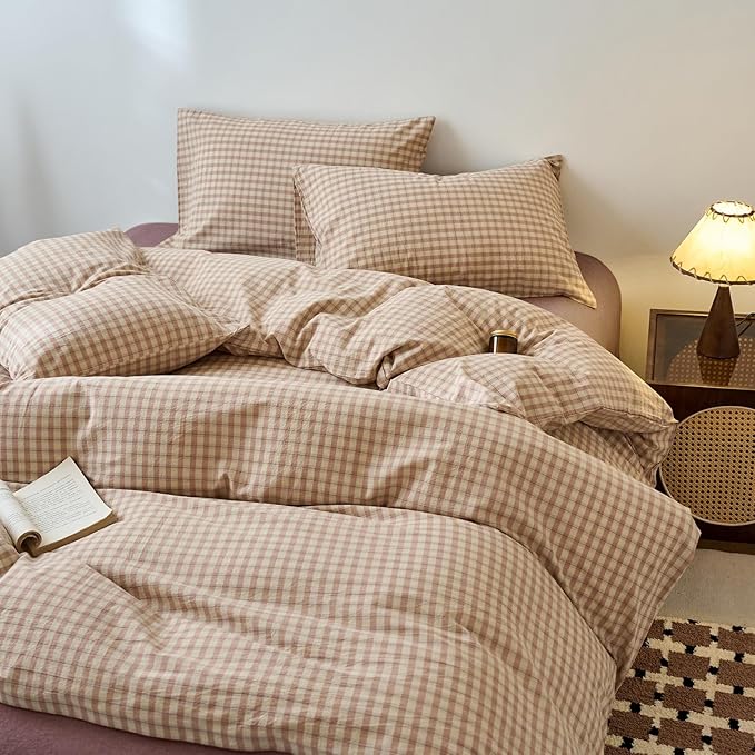 EAVD Vintage Style Pink&Tan Plaid Duvet Cover Full Soft 100% Washed Cotton Chic Checkered Gingham Bedding Set with 2 Pillowcases Farmhouse Gingham Duvet Cover with Zipper Closure