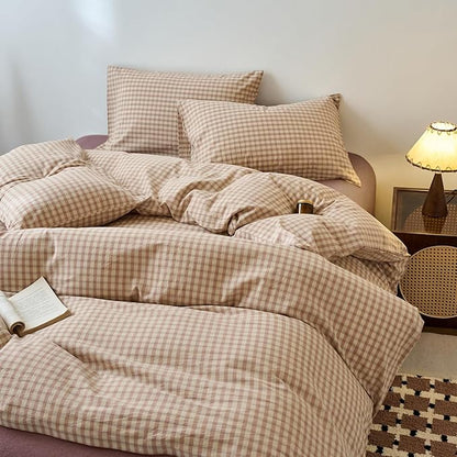 EAVD Vintage Style Pink&Tan Plaid Duvet Cover Twin Soft 100% Washed Cotton Chic Checkered Gingham Bedding Set with 2 Pillowcases Farmhouse Gingham Duvet Cover with Zipper Closure