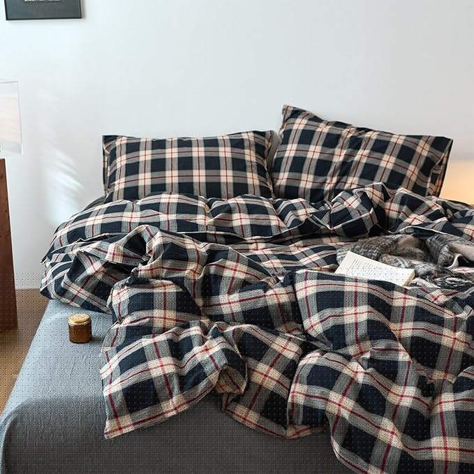 EAVD Vintage Black Plaid Gingham Comforter Set Full Soft 100% Washed Cotton Black&Green&Red Grid Checkered Bedding Set with 2 Pillowcases Farmhouse Retro Plaid Comforter Set for All-Season
