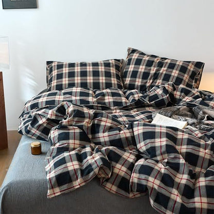 EAVD Vintage Black Plaid Gingham Comforter Set Full Soft 100% Washed Cotton Black&Green&Red Grid Checkered Bedding Set with 2 Pillowcases Farmhouse Retro Plaid Comforter Set for All-Season