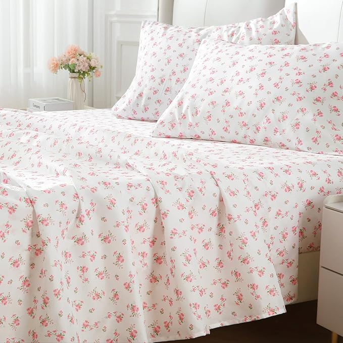 MUXHOMO Queen Size 4 Piece Sheet Set, Soft Breathable Bed Sheet Set for Bedroom with Deep Pocket Up to 16", Wrinkle-Free & Cooling Bedding for Oeko-TEX Certified - Blossoms Pink