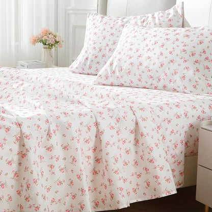 MUXHOMO Queen Size 4 Piece Sheet Set, Soft Breathable Bed Sheet Set for Bedroom with Deep Pocket Up to 16", Wrinkle-Free & Cooling Bedding for Oeko-TEX Certified - Blossoms Pink