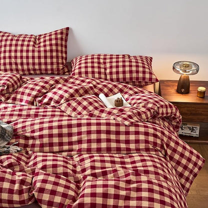 EAVD Vintage Style Red Gingham Duvet Cover King Soft 100% Washed Cotton 3-Piece Reversible Plaid Checkered Bedding Set with 2 Pillowcases Farmhouse Buffalo Plaid Duvet Cover with Zipper Closure