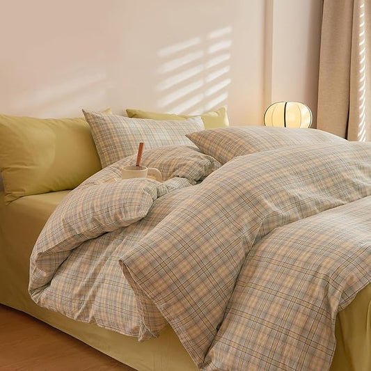 HighBuy Full Comforter Set Green Gingham Comforter Geometric Checkered Pattern Comforter Set Boho Grid Plaid Bedding Comforter Fluffy Soft Farmhouse Grid Bedding Set Full Size