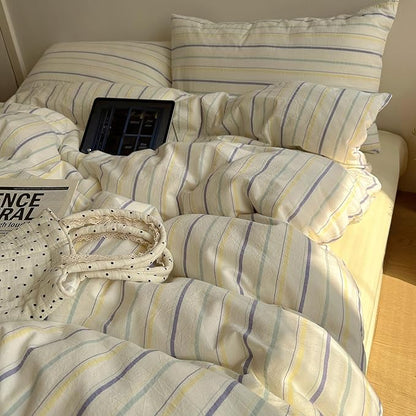 EAVD Retro Striped Duvet Cover Set Twin Size 100% Cotton Chic Stripes Printed Bedding Set with 2 Pillowcases Vintage Geometric Pattern Duvet Cover with Zipper Closure(Yellow&Purple&Blue, Twin)