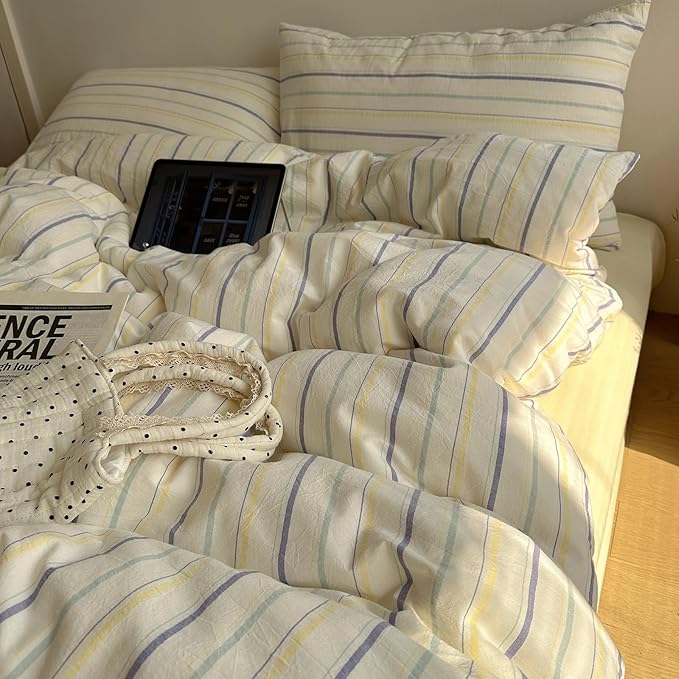 EAVD Retro Striped Duvet Cover Set King Size 100% Cotton Chic Stripes Printed Bedding Set with 2 Pillowcases Vintage Geometric Pattern Duvet Cover with Zipper Closure(Yellow&Purple&Blue, King)