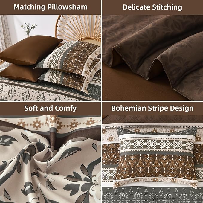 WONGS BEDDING Boho Comforter Set King, 7 Pieces Brown Comforter and Sheet Set,Bohemian Striped Floral Pattern Comforter Bedding Set,Soft Microfiber Bed in a Bag for All Season