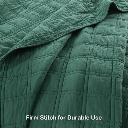 HORIMOTE HOME 100% Cotton Quilt Set Queen Size, Dark Green Pre-Washed Bedspreads Coverlet Set in Geometric Pattern, Cozy Lightweight Stitching Decorative Bedding Cover with 2 Shams for All Season