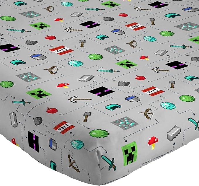 Jay Franco Kids Sheet Set with Fitted, Flat Sheets & Pillow Cover - Ultra-Soft Bedding with Pillowcase for Room Decor, Gray - Minecraft, 4 Piece Queen