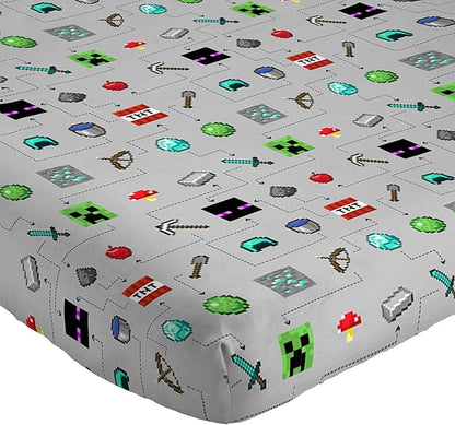 Jay Franco Kids Sheet Set with Fitted, Flat Sheets & Pillow Cover - Ultra-Soft Bedding with Pillowcase for Room Decor, Gray - Minecraft, 3 Piece Twin