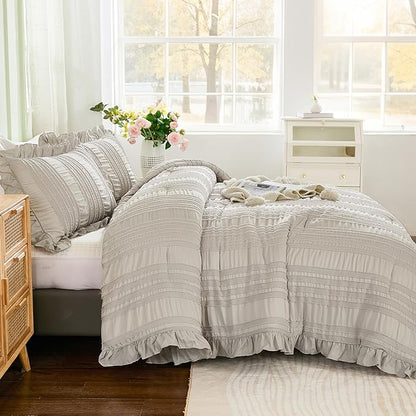 WONGS BEDDING Grey Textured Comforter Set King,3 Pieces Ruffle Farmhouse Shabby Chic Comforter for King Bed,Soft Seersucker Boho Bedding Set with 1 Ruffle Comforter,2 Tufted Pillowcases 104"×90"