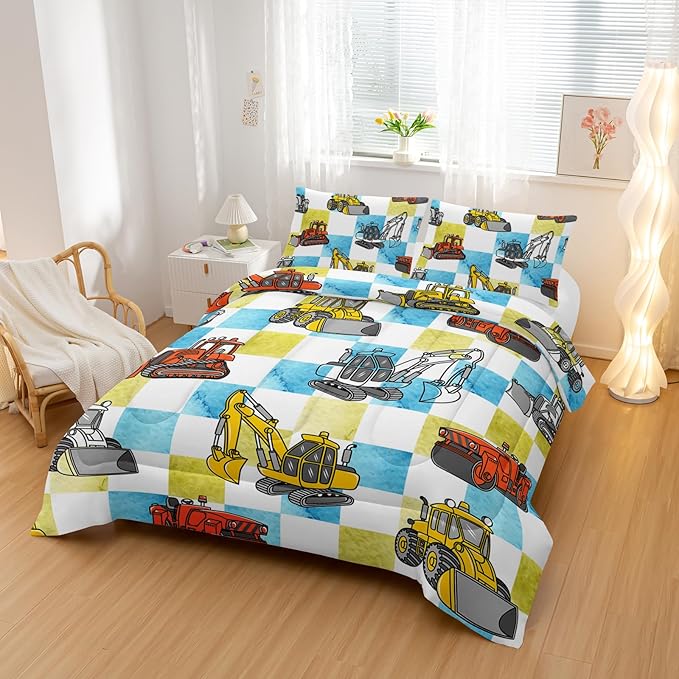 Boy's Construction Truck Comforter Set King,Orange,and Yellow Truck 3 Pieces Bedding Set for Kids Boys Teens,Blue and Yellow Plaid Microfiber Lightweight Quilt Bedroom Decor with 2 Pillow Cases