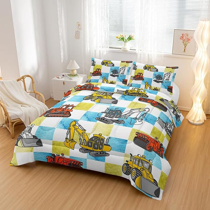Boy's Construction Truck Comforter Set King,Orange,and Yellow Truck 3 Pieces Bedding Set for Kids Boys Teens,Blue and Yellow Plaid Microfiber Lightweight Quilt Bedroom Decor with 2 Pillow Cases