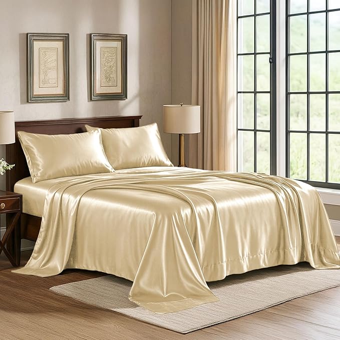 Satin Sheets California King [4-Piece, Ivory] Luxury Silky Bed Sheets - Extra Soft 1800 Microfiber Sheet Set, Wrinkle, Fade, Stain Resistant - Deep Pocket Fitted Sheet, Flat Sheet, Pillow Cases