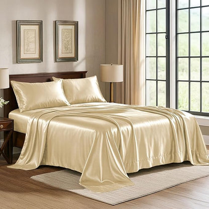 Satin Sheets Queen [4-Piece, Ivory] Hotel Luxury Silky Bed Sheets - Extra Soft 1800 Microfiber Sheet Set, Wrinkle, Fade, Stain Resistant - Deep Pocket Fitted Sheet, Flat Sheet, Pillow Cases
