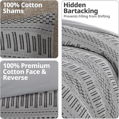 INK+IVY Luxurious Cotton-Bedding Set - Mid Century Trendy Geometric Design, All Season Cozy-Cover With Matching-Shams, Full/Queen, Rhea Jacquard Grey/Black