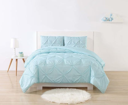 My World Printed Gingham Pinch Pleat Kids Comforter Set, Twin XL, White/Aqua