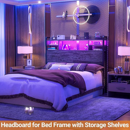 Aheaplus Headboard for Full Size Bed with Storage, Headboards with LED Light, Power Outlets, USB Ports Full Size Head Board, Wood headboard Only Sturdy and Stable Headboards, Modern, Black Oak