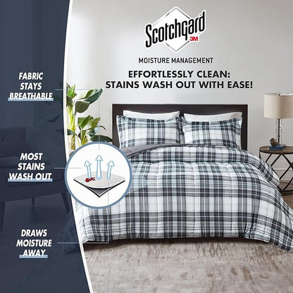 Madison Park Essentials Parkston Plaid Comforter, Matching Sham, 3M Scotchguard Stain Release Cover, Hypoallergenic All Season Bedding-Set, Twin/TwinXL, Black, 2 Piece