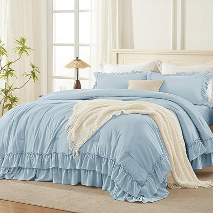 Andency Light Blue Queen Comforter Set (90x90Inch), 3 Pieces Lightweight Fluffy Ruffle Bedding Comforter Sets for Queen Bed, Farmhouse Shabby Chic Soft All Season Bed Set