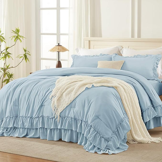 Andency Light Blue King Comforter Set (104x90Inch), 3 Pieces Ruffle Comforter Set with 2 Pillowcases, Farmhouse Shabby Chic Lightweight Fluffy Soft All Season Bed Set