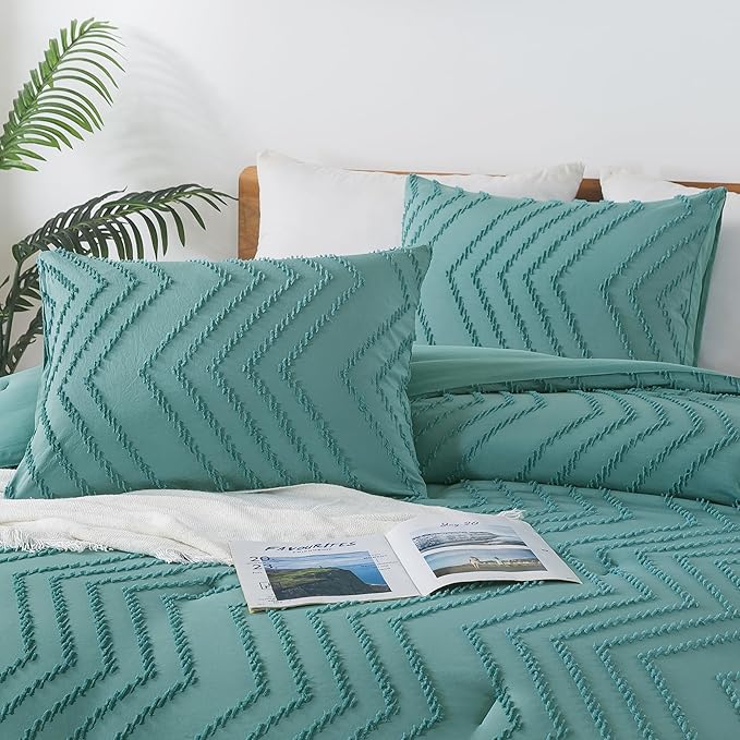 Andency Grayish Teal Twin/Twin XL Comforter Set, Twin Bed Comforter for College Dorm Girls Boys Kids Boho Soft Warm Cute Comforter, 2 Pieces Aesthetic Chevron Bohemian Bedding Set