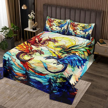 Western Dragon Men Bedspread Twin Size,Flying Dragon Wing Pine Trees Rustic Coverlet Set,Boys Girls Room Decor,Geometric Patchwork Abstract Quilted Coverlet,Blue Trippy Bedding Quilt,1 Pillowcase