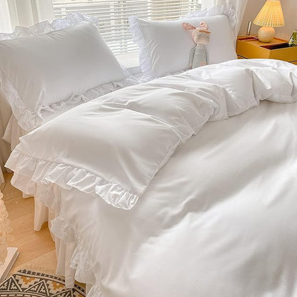 MOOWOO Chic Ruffle Lace Polyester Duvet Cover Set -Girl White Bedding-2 Piece Twin Comforter Duvet Cover with Zipper Closure -Ultra Soft and Light Weight(White, Twin)-NO Including Comforter