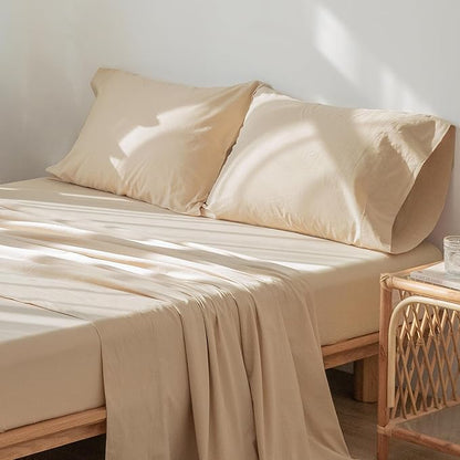 MooMee Bedding Sheet Set 100% Washed Cotton Linen Like Textured Breathable Durable Soft Comfy (Solid Sandy Beige, Queen)