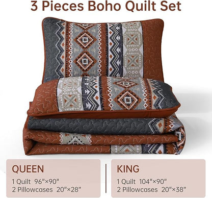 WONGS BEDDING 3 Pieces Quilt Set King Size, Burnt Orange Quilt Bedspread Lightweight Bohemian Coverlet Set with 2 Pillowcase, Soft Geometry Printed Bedding Set King for All Season 104"×90"