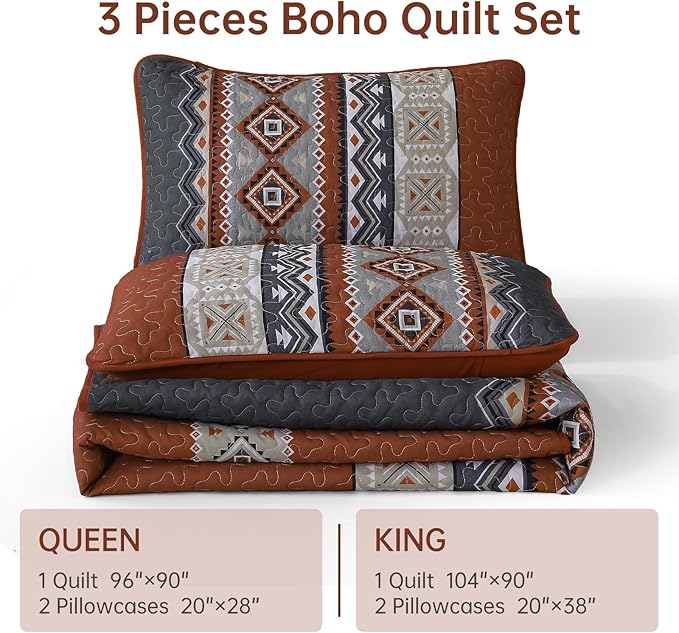 WONGS BEDDING 3 Pieces Quilt Set Queen Size, Burnt Orange Quilt Bedspread Lightweight Bohemian Coverlet Set with 2 Pillowcase, Soft Geometry Printed Bedding Set Queen for All Season 96"×90"