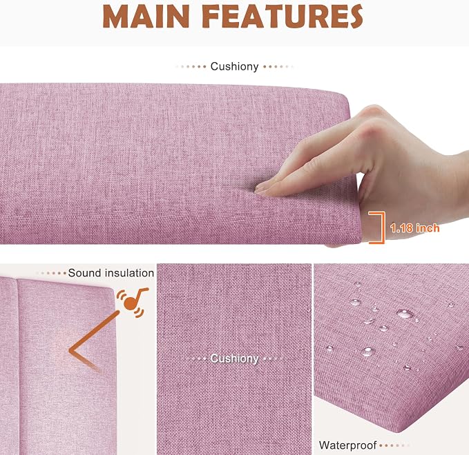 IFNOW Wall Mounted Headboard, Peel and Stick Panels, Light Pink, King | 3D Soundproof Acoustic Padding, Reusable and Removable Tufted fabric Bed Headboard for bedroom (12 Panels, 10" x 24")