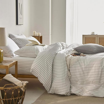 JELLYMONI Striped Duvet Cover Set - Twin Size 100% Cotton - 2PCS White & Grey Vertical Stripes Bedding - Hidden Zipper Closure & 8 Corner Ties - Breathable Comforter Cover for Bedroom