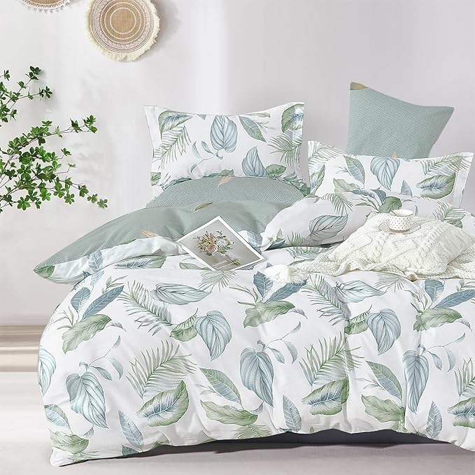 Botanical Cotton Comforter Twin Size - Sage Green Comforter Printed with Leaves & Ferns on White,Reversible Lightweight Bedding Sets 2Pcs(Leaves,68"×90")