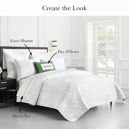 kate spade new york Spade Floral 3-Piece Full Queen Quilt Bedding Set, 100% Cotton Sateen Reversible Cover, All Season Warmth Bedding, Machine Washable, Bright White