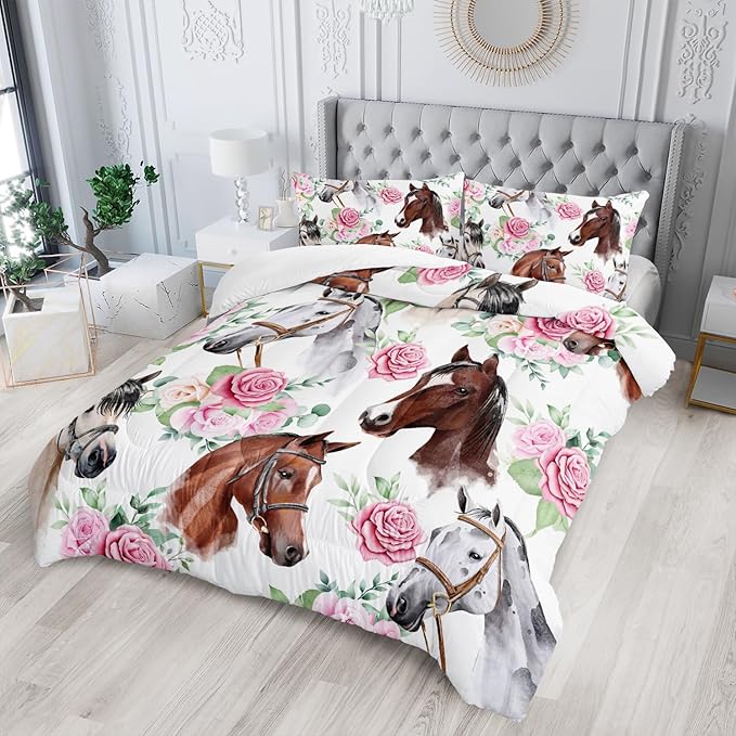 Horse and Flower Comforter Set for Girls Kids Horse and Floral 3 Piece Bedding Set Queen Floral Lightweight Comforter Down Alternative with 2 Pillowcases All Seasons