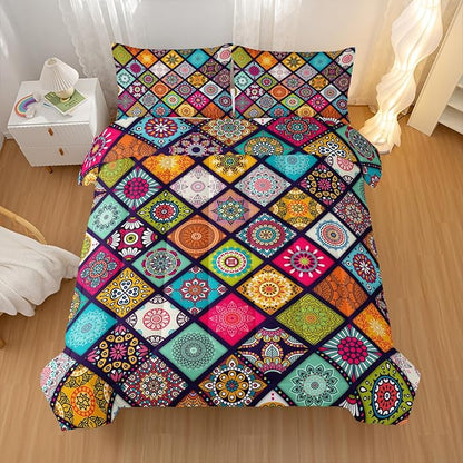 Polychrome Bohemia Comforter Sets King Size,Rhomboid Forms Pattern Bedding Set for Your Room,Abstract Soft Lightweight Quilted Set All Season 1 Comforter and 2 Pillowcases