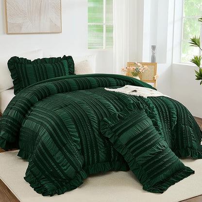 WONGS BEDDING Queen Size Comforter,Christmas Emerald Green Boho Comforter Set Queen,Shabby Chic Bedding Set for Bed, 3 Pieces Soft Lightweight Farmhouse Comforter for All Season 90"×90"