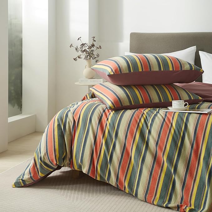 mixinni Full Size Comforter Set 3 Pieces, Vintage Colorful Striped Washed Cotton Reversible Comforter with 2 Pillowcases, All Season Lightweight Bedding for Women & Men, Retro Mid-Century Style