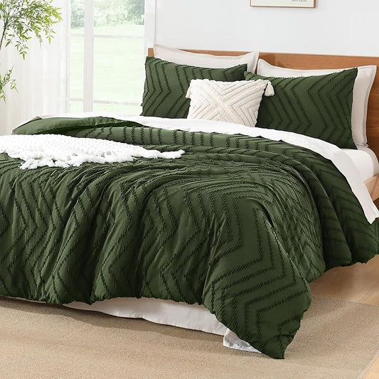 Litanika Dark Olive Green Queen Size Comforter Sets, 3 Pieces Lightweight Chevron Tufted Bedding Comforter Set, Fluffy Down Alternative Comforter Bed Set Gift Choice