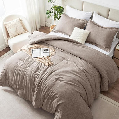 CozyLux Queen Comforter Set, 3 Pieces Khaki Soft Luxury Cationic Dyeing Comforters Queen Size Bedding Sets, Breathable Lightweight Fluffy Bed Set with 1 Down Alternative Comforter and 2 Pillow Shams