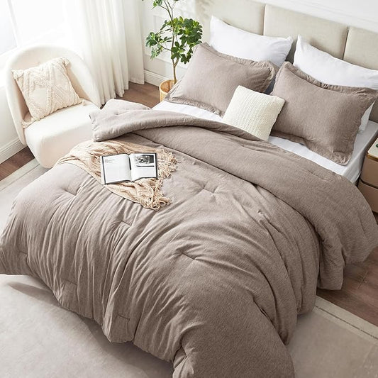 CozyLux King Size Comforter Set, 3 Pieces Khaki Soft Luxury Cationic Dyeing Comforter King Size Bedding Set, Breathable Lightweight Fluffy Bed Sets with 1 Down Alternative Comforter and 2 Pillow Shams
