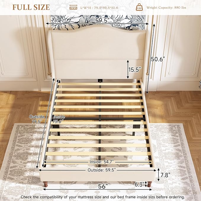 koorlian Full Size Bed Frame Upholstered Platform Bed with 51" Tall Headboard Wingback, Soft Fabric, Retro Simple Style Platform Bed No Box Spring Needed, Easy Assembly, Beige