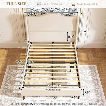 koorlian Full Size Bed Frame Upholstered Platform Bed with 51" Tall Headboard Wingback, Soft Fabric, Retro Simple Style Platform Bed No Box Spring Needed, Easy Assembly, Beige
