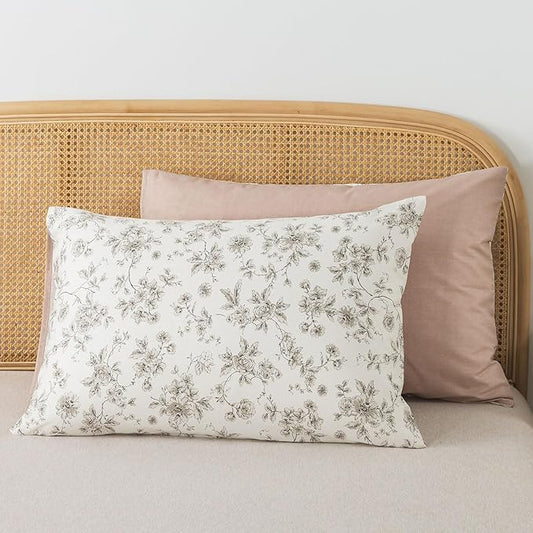 Zusbest 100% Cotton Tan Floral Pillowcases Standard Size Set of 2, 19''×29'', Queen Size Beige Vintage Toile Flower Printed Pillow Covers Soft Envelope Queen Pillowcase Protectors
