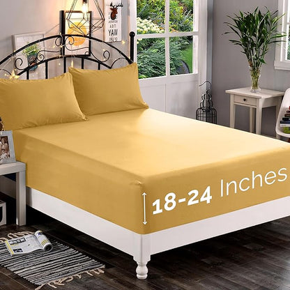 Elegant Comfort 1500 Premium Quality Fitted Sheet Ultra Soft 18-24 Inch Extra Deep Pocket - Single Fitted Sheet for High Mattress - Wrinkle Free with Smart Storage Pockets, Full, Camel-Gold