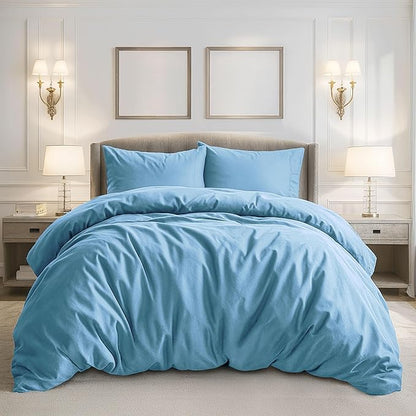 Pure Bedding Duvet Cover Full Size - 3 Pieces Extra Soft Bedding Set, Includes 1 Duvet Cover 80x90 Inches with Zipper Closure & 2 Pillow Shams, Comforter Not Included, Sky Blue