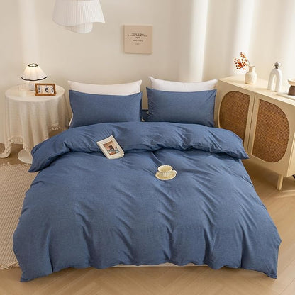 ECOCOTT Denim Blue Duvet Cover Queen Size, 100% Washed Cotton 1 Duvet Cover with Zipper and 2 Pillowcases, Ultra Soft and Easy Care Breathable Cozy Bedding Set (Denim Blue, Queen)