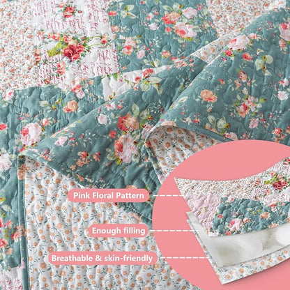BEDIFANY French Style King Size Quilt Set for Farmhouse - 3 Pieces Cotton Filling Garden Lightweight Bedspreads King with Floral Pattern - All Season Quilt Bedding Sets for Decorations
